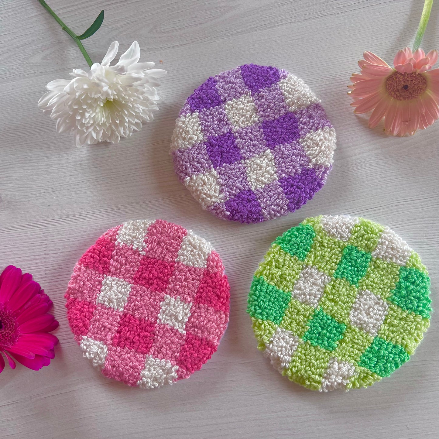 Gingham Handmade Punch Needle Mug Rug Coaster