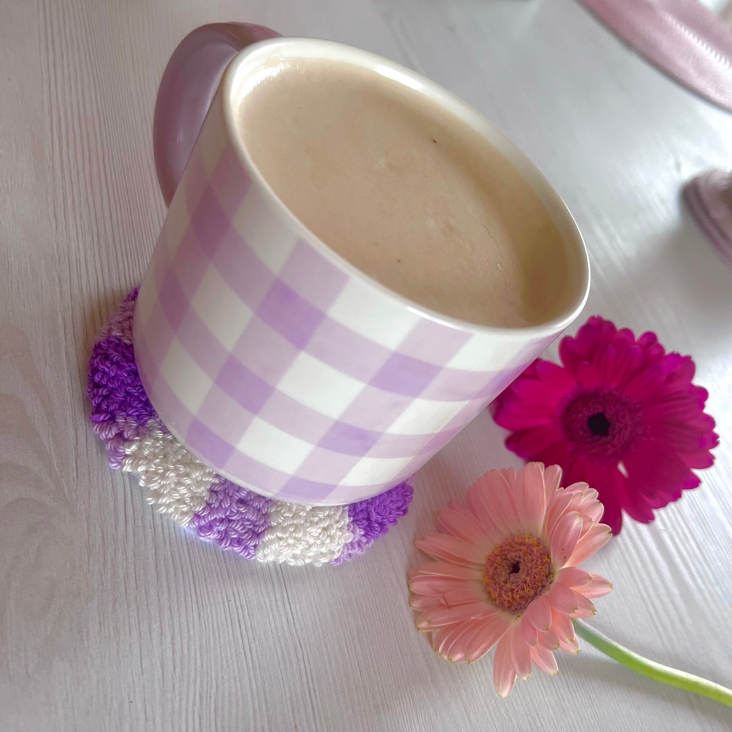 Gingham Handmade Punch Needle Mug Rug Coaster